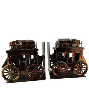 Vintage Stagecoach Bookends, Metal Western Decor, Made‎ In Hong Kong, Bookshelf
